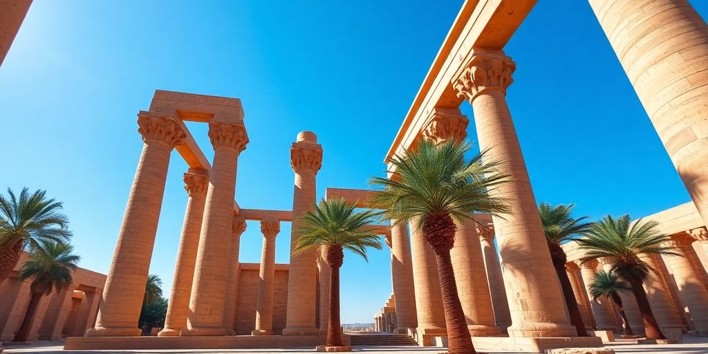 Karnak Temple Complex with tall columns and palm trees.