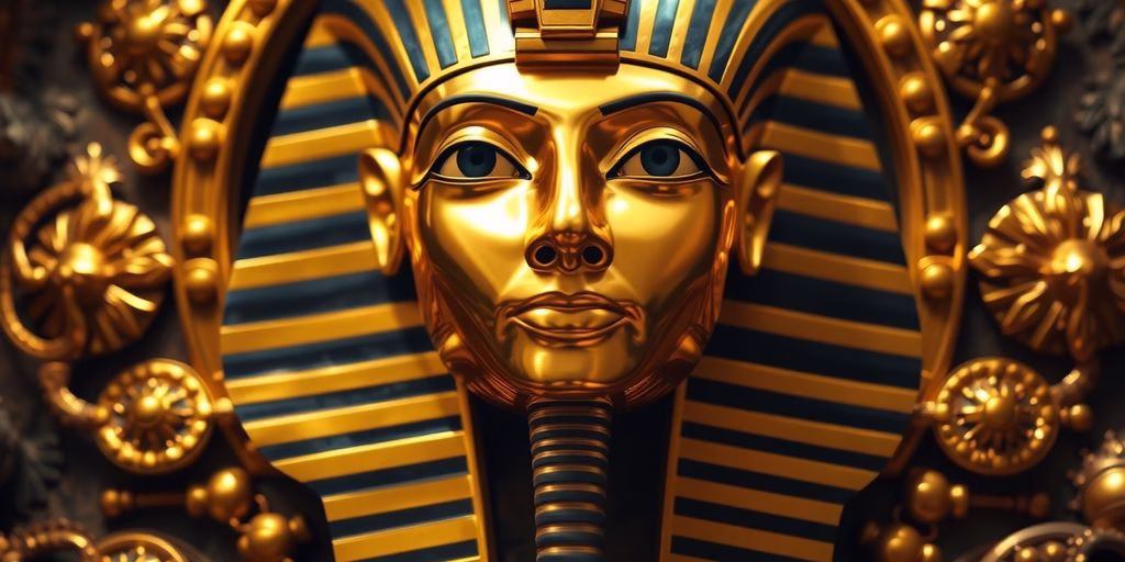 Golden mask of Tutankhamun with ornate artifacts.